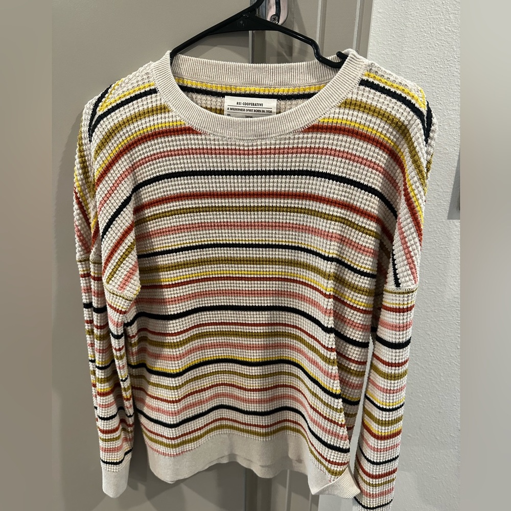 REI Striped Crewneck Sweater in White, Yellow, Pink, Black